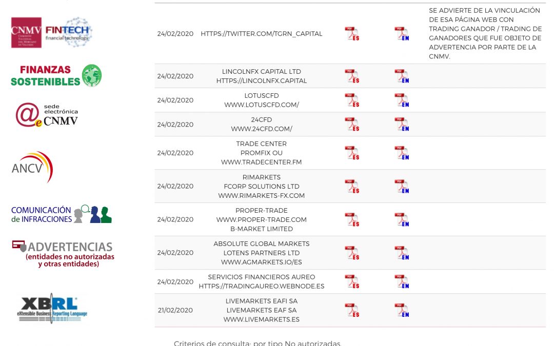 CNMV ADVERTENCIAS