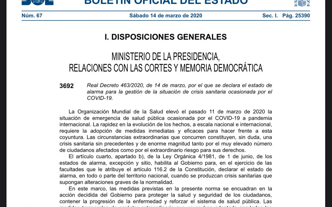 BOE: documento de declaración de estado de alarma en España ante el COVID-19